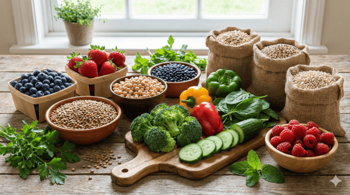 Продукты с низким гликемическим индексом: овощи, бобовые, ягоды