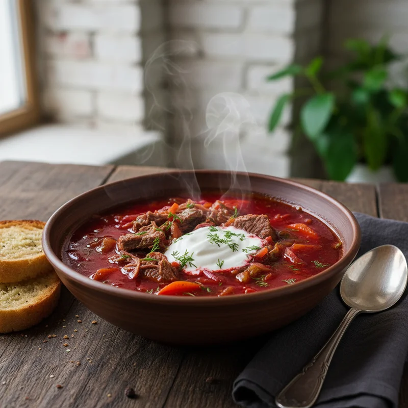 Борщ украинский с говядиной и сметаной