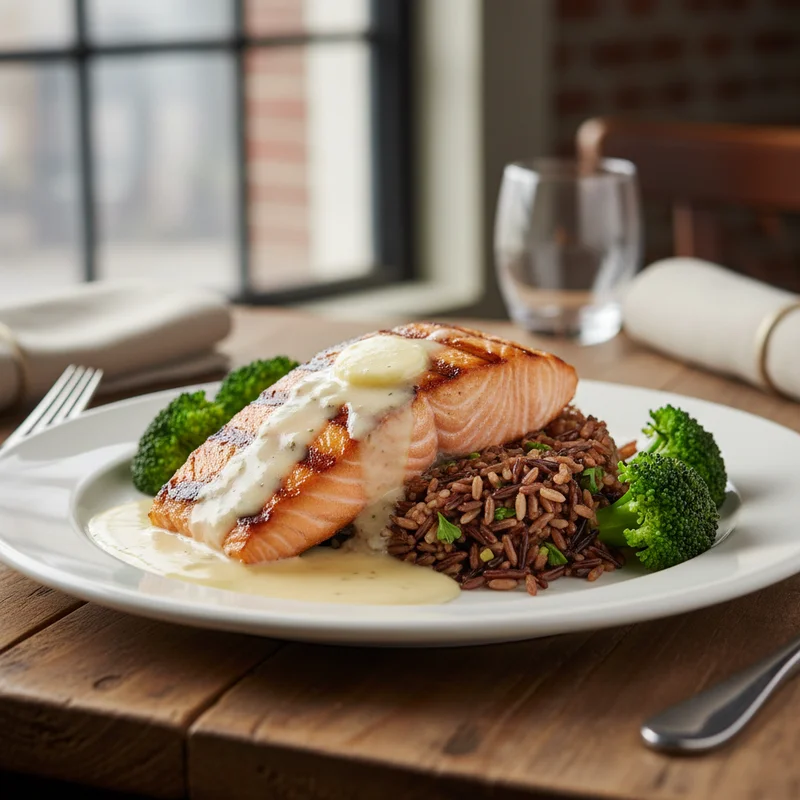 Стейк из лосося с диким рисом и сливочным соусом