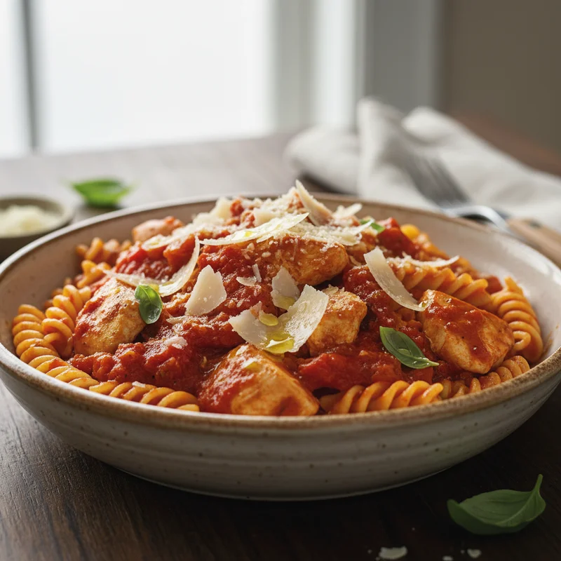 Паста с куриным филе в томатном соусе с пармезаном