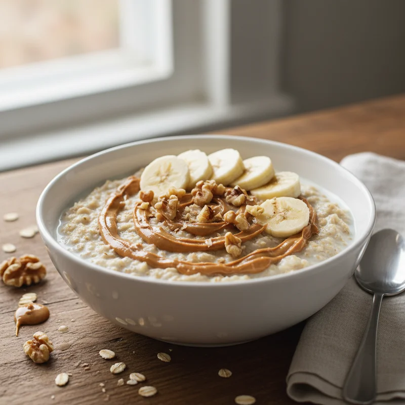 Овсяная каша на молоке с арахисовой пастой и бананом